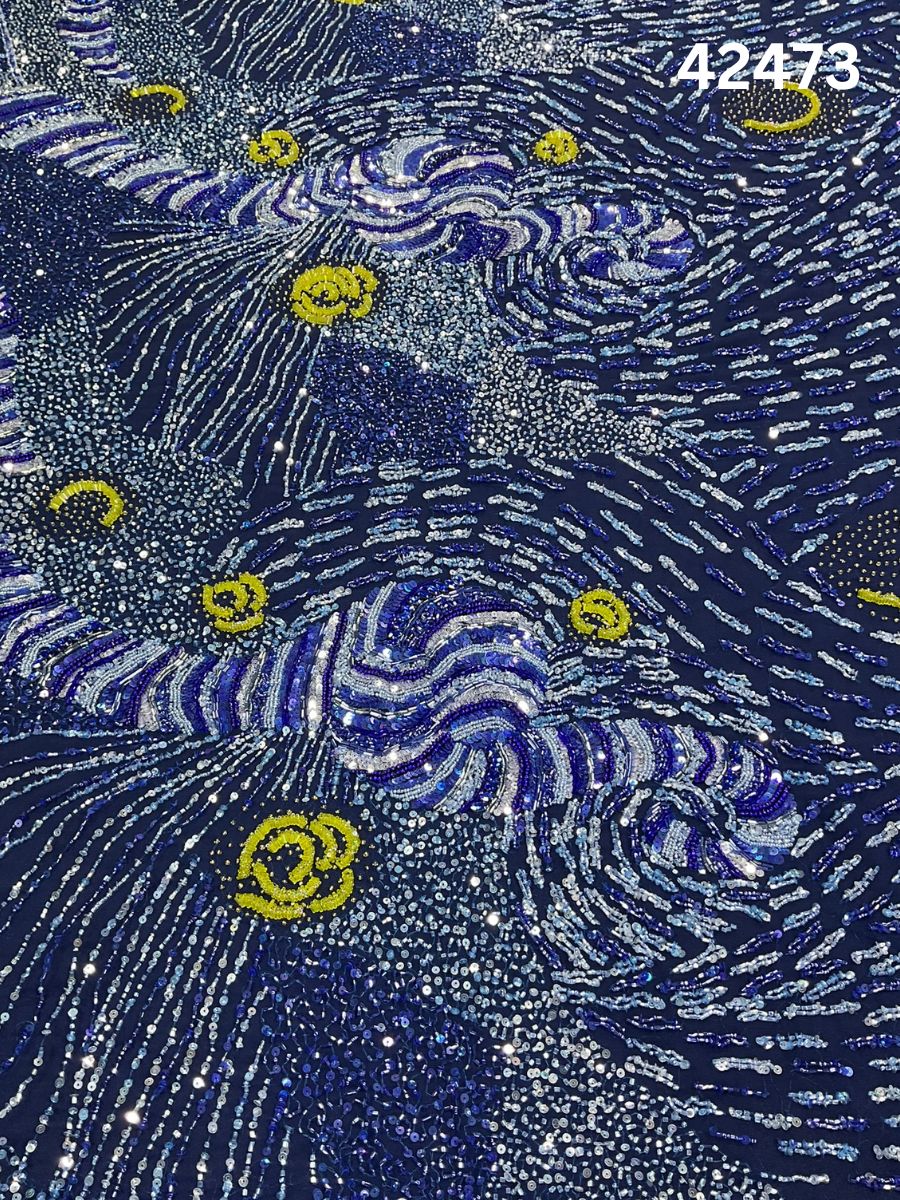 #42473 Vibrant Multicolor Abstract Hand-Beaded Fabric with Artistic Beads & Sequins