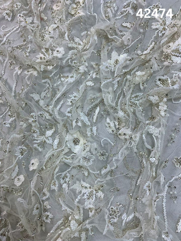 #42474 Opulent Ivory & Gold Abstract Hand-Beaded Fabric with Dimensional Beaded Beads & Radiant Sequins
