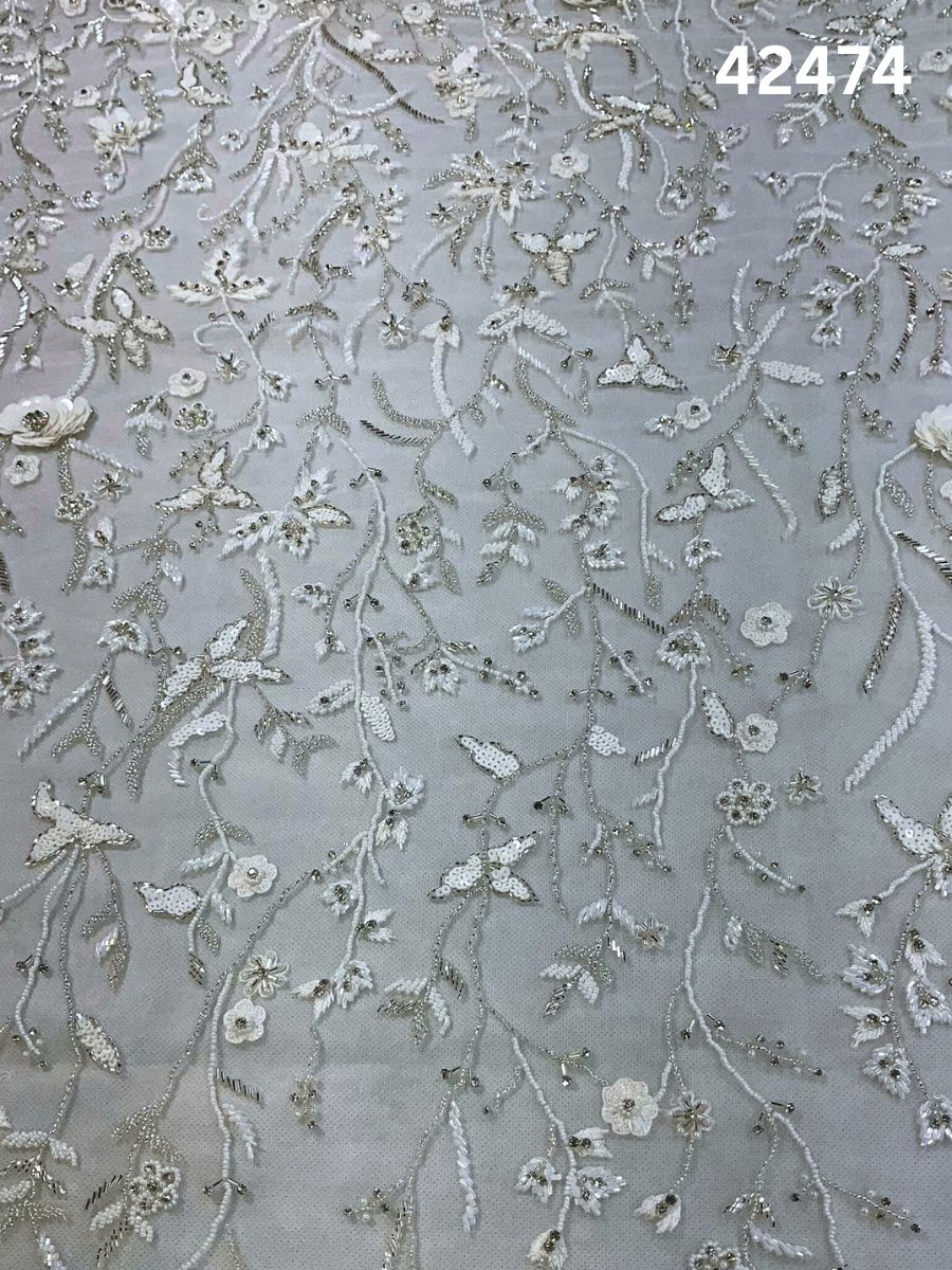 #42474 Opulent Ivory & Gold Abstract Hand-Beaded Fabric with Dimensional Beaded Beads & Radiant Sequins