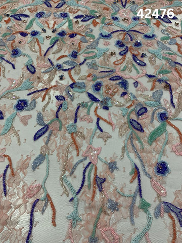 #42476 Bold Multicolor Abstract Hand-Beaded Fabric with Dimensional Beads