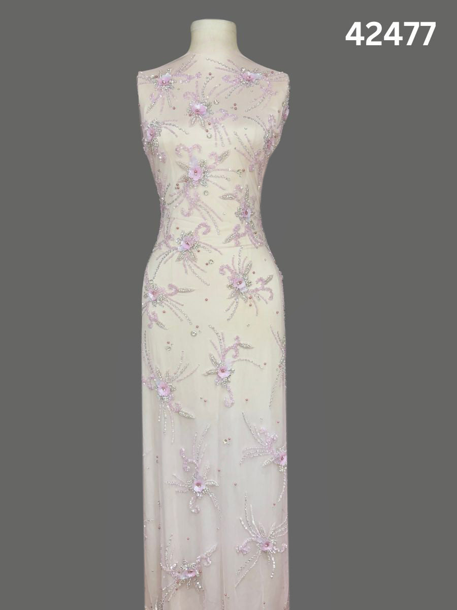 #42477 Ivory Bloom: Hand-Embroidered Fabric with Shimmering Details