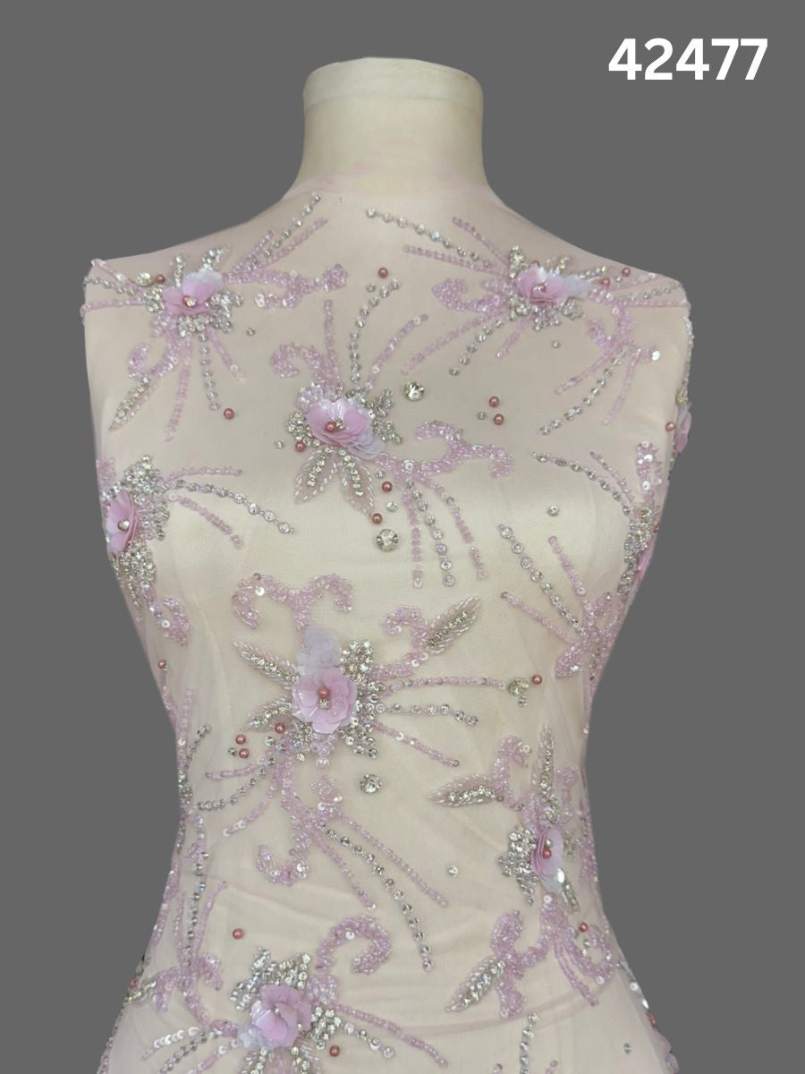 #42477 Ivory Bloom: Hand-Embroidered Fabric with Shimmering Details