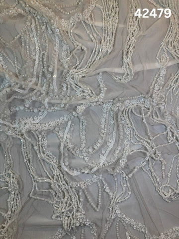 #42479 Elegant Ivory Abstract Hand-Beaded Fabric with Textured Beads