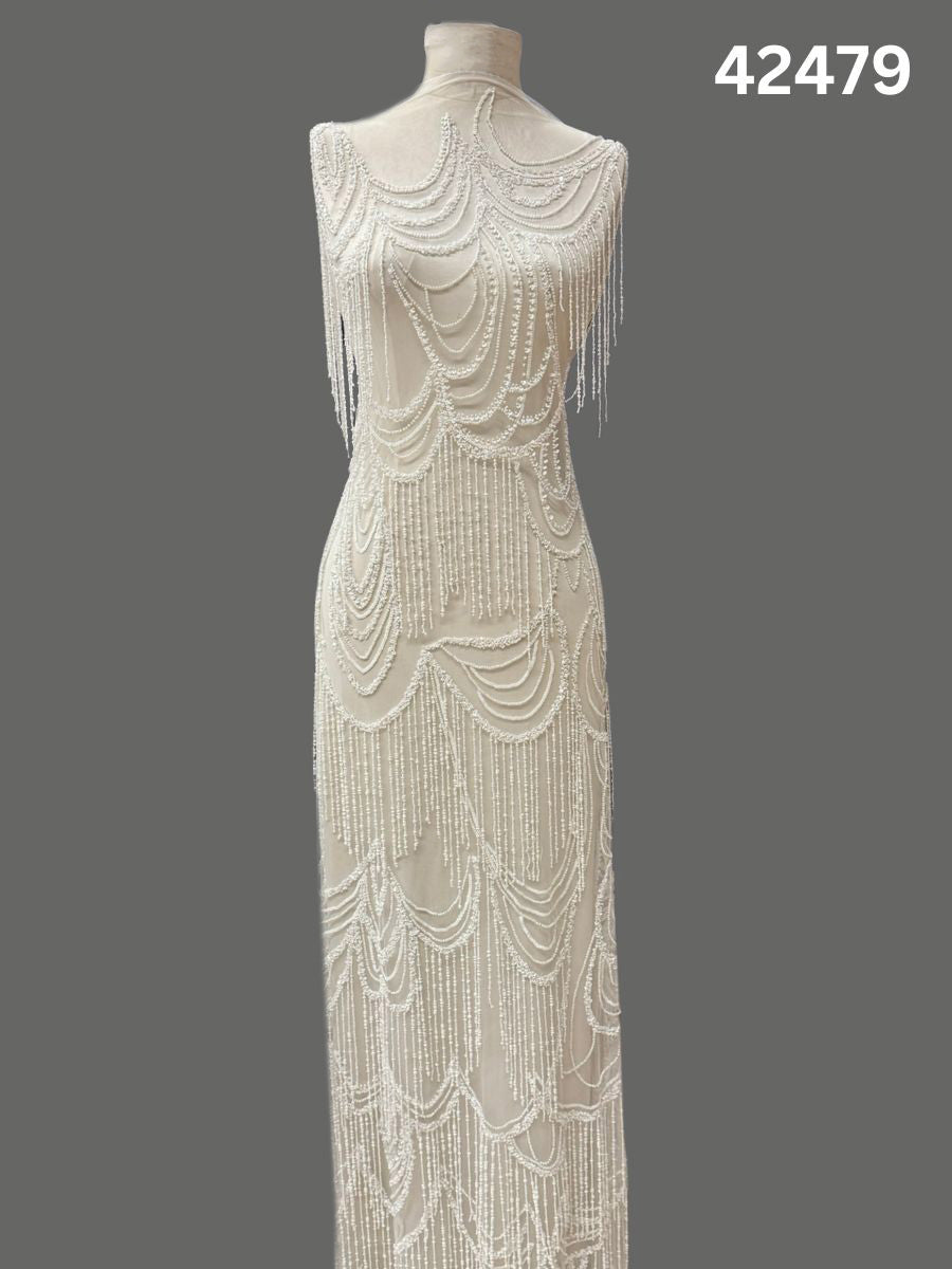 #42479 Elegant Ivory Abstract Hand-Beaded Fabric with Textured Beads