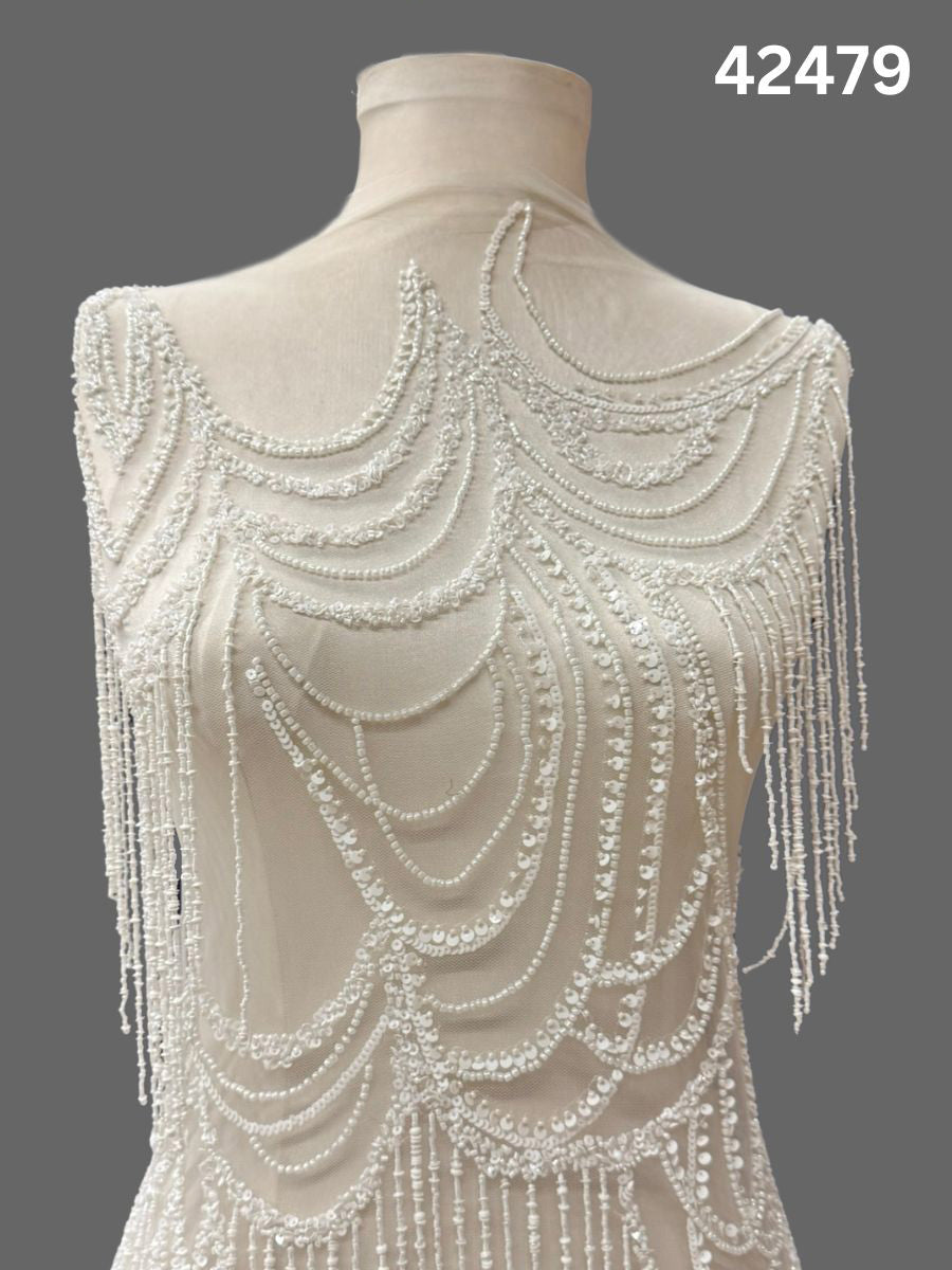 #42479 Elegant Ivory Abstract Hand-Beaded Fabric with Textured Beads