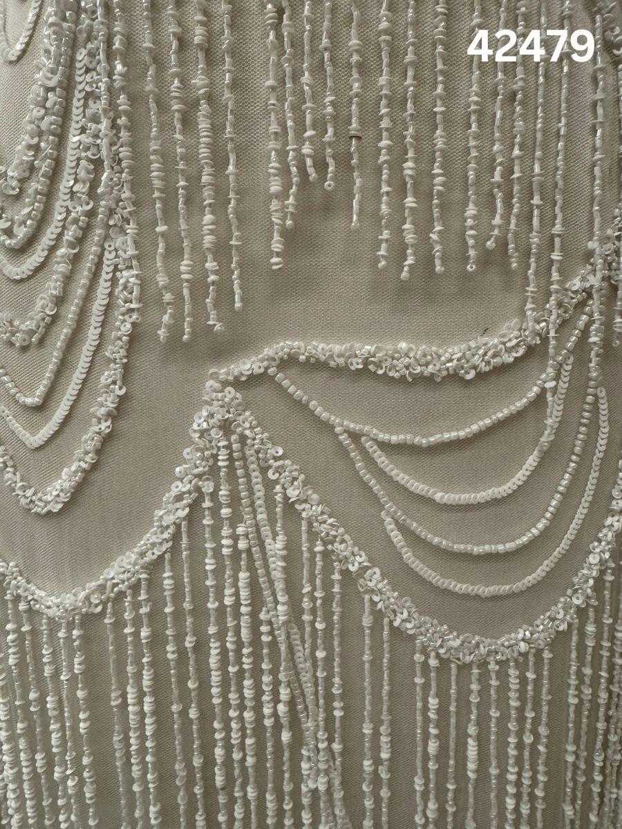 #42479 Elegant Ivory Abstract Hand-Beaded Fabric with Textured Beads
