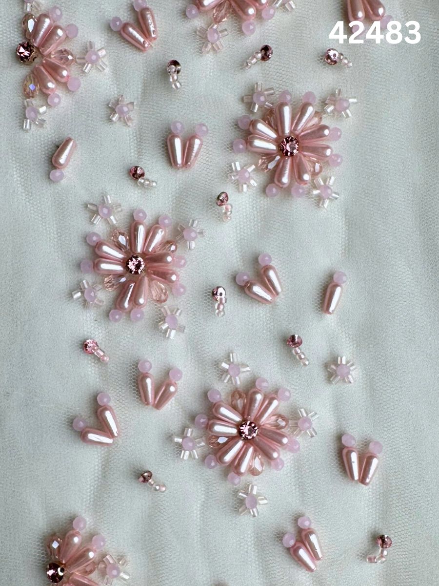 #42483 Pink Floral Hand-Beaded Fabric with Rhinestones & Dimensional Beads