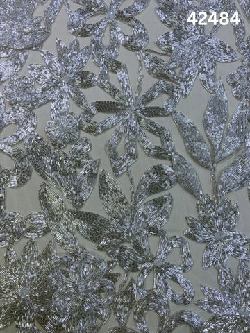 #42484 Striking Silver Abstract Hand-Beaded Fabric with Dimensional Beads