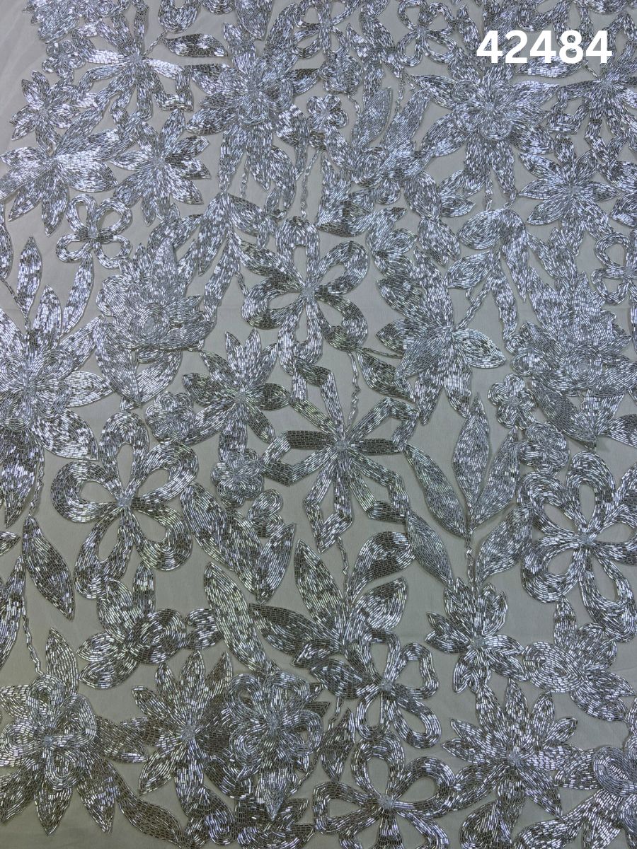 #42484 Striking Silver Abstract Hand-Beaded Fabric with Dimensional Beads