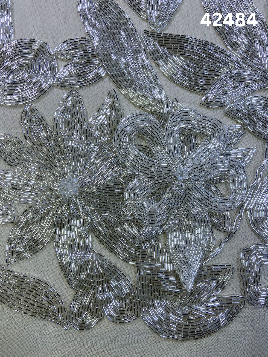 #42484 Striking Silver Abstract Hand-Beaded Fabric with Dimensional Beads