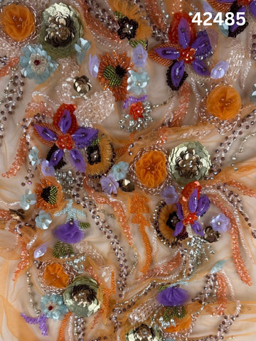 #42485 Artistic Multicolor Abstract Hand-Beaded Fabric with Dimensional Beads & Textural Appliqués