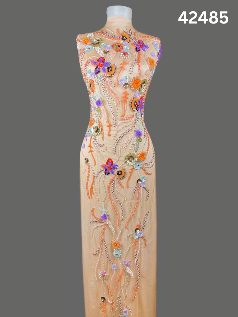 #42485 Artistic Multicolor Abstract Hand-Beaded Fabric with Dimensional Beads & Textural Appliqués