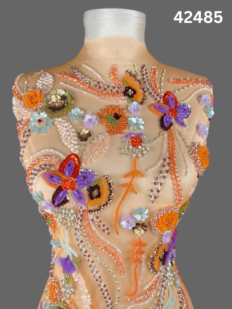 #42485 Artistic Multicolor Abstract Hand-Beaded Fabric with Dimensional Beads & Textural Appliqués