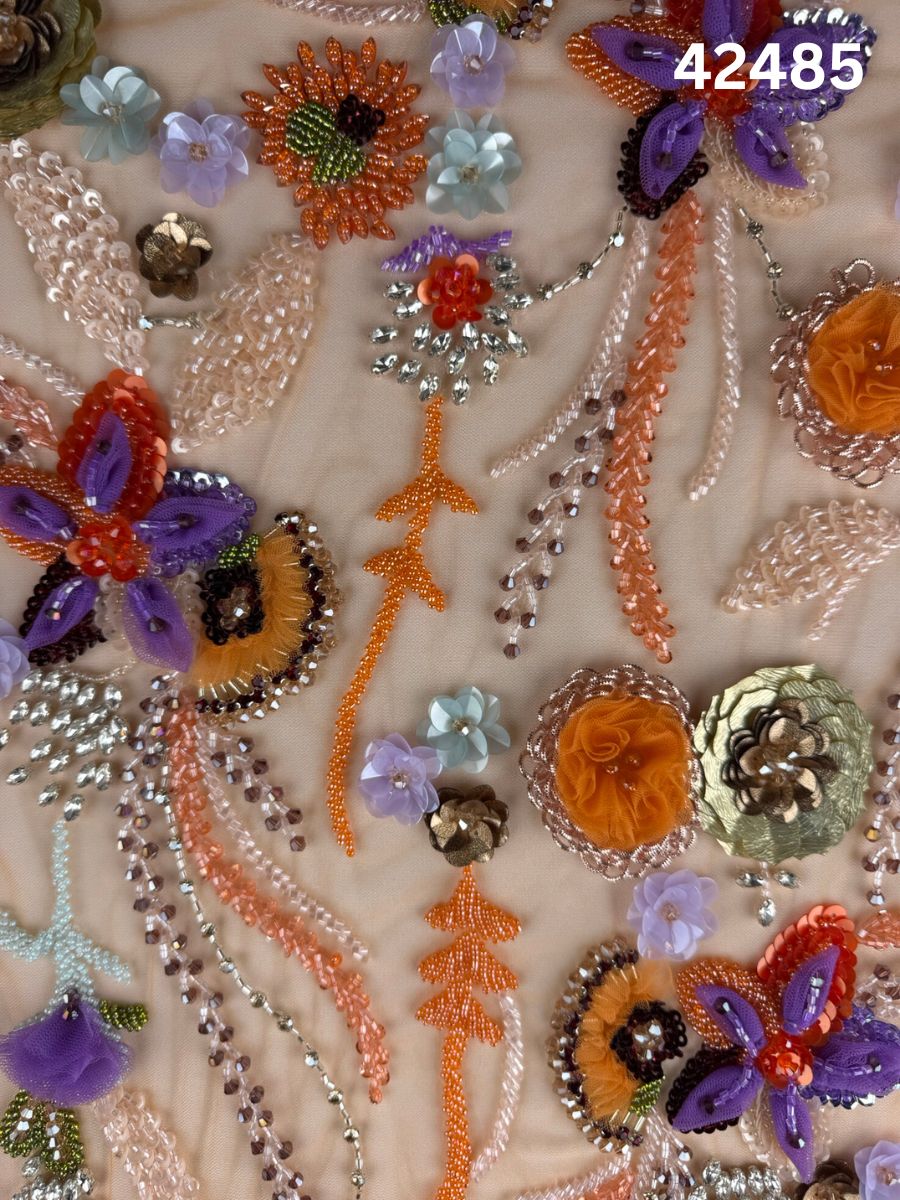 #42485 Artistic Multicolor Abstract Hand-Beaded Fabric with Dimensional Beads & Textural Appliqués