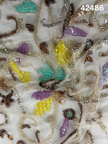 #42486 Modern Multicolor Abstract Hand-Beaded Fabric with Intricate Beads & Fine Threadwork