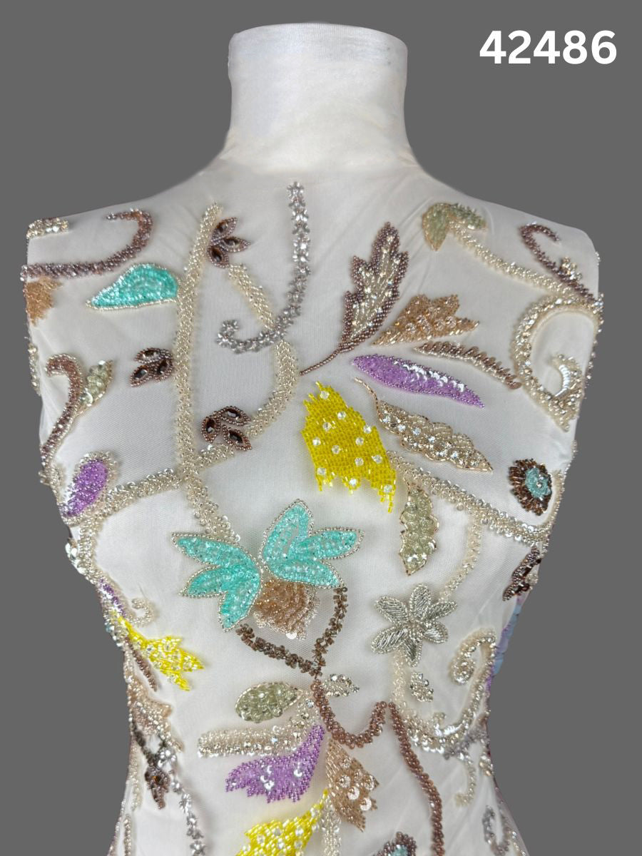 #42486 Modern Multicolor Abstract Hand-Beaded Fabric with Intricate Beads & Fine Threadwork
