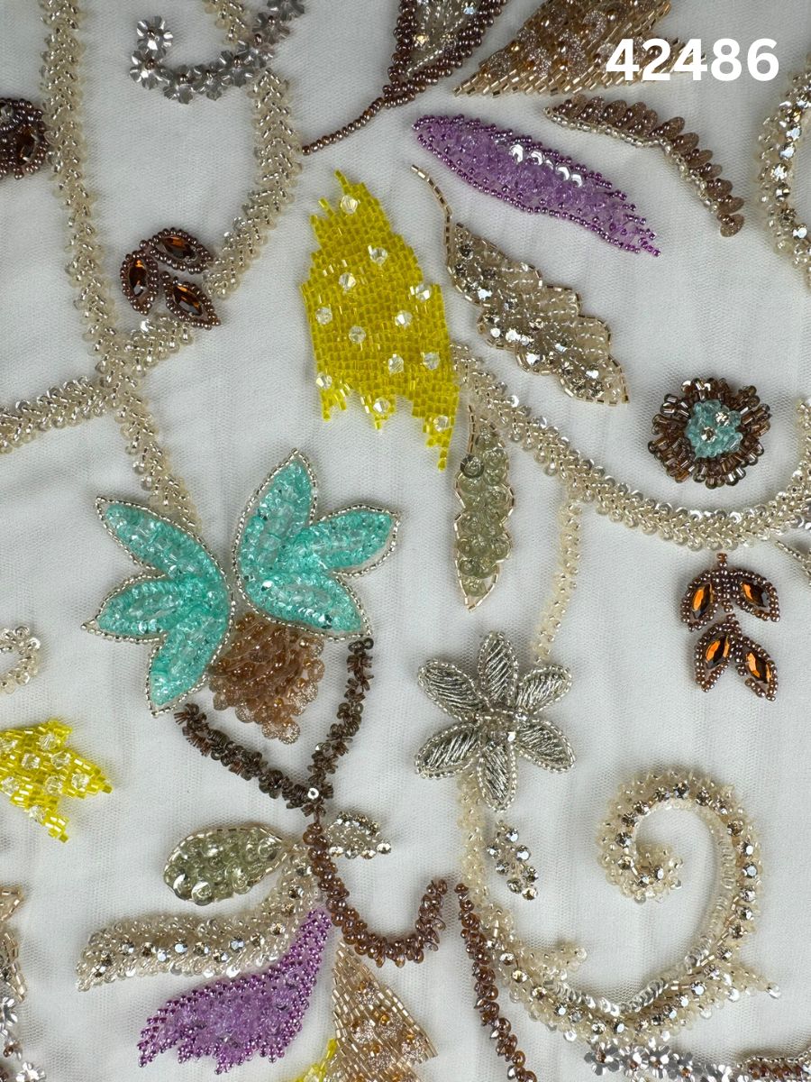 #42486 Modern Multicolor Abstract Hand-Beaded Fabric with Intricate Beads & Fine Threadwork