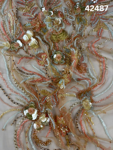 #42487 Contemporary Multi color Abstract Hand-Beaded Fabric with Artful Beads