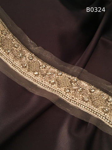 #B0324 Elegant Floral Ivory Trim Beaded with Rhinestones, Pearls, and Beads – Luxurious Decorative Embellishment for Fashion, Couture
