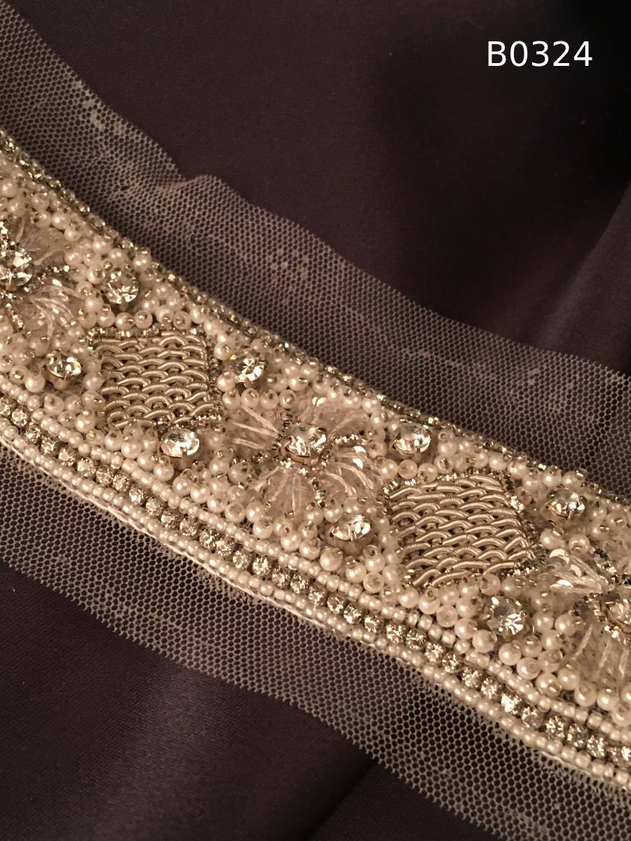 #B0324 Elegant Floral Ivory Trim Beaded with Rhinestones, Pearls, and Beads – Luxurious Decorative Embellishment for Fashion, Couture