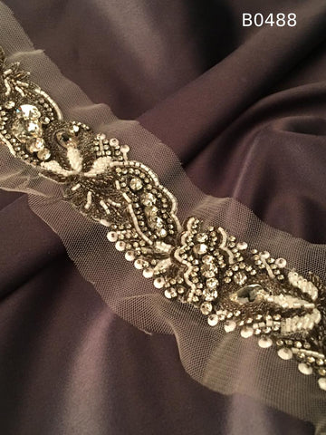 #B0488 "Elegant Floral Trim Beaded with Rhinestones, Sequins, and Beads – Luxurious Decorative Embellishment for Fashion"
