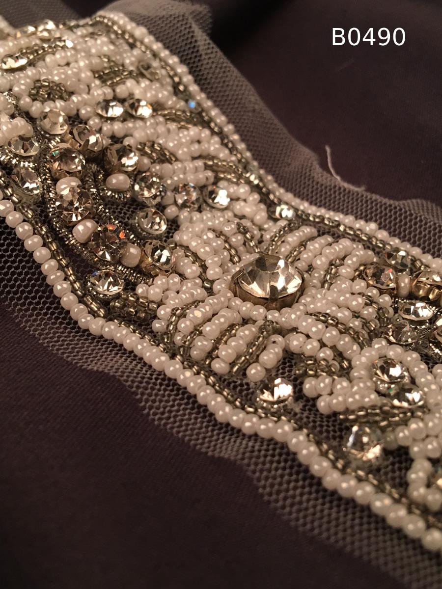 #B0490 Stunning Asymmetric Beaded Trim with Rhinestones, Beads, and Pearls – Elegant Decorative Accent for Fashion and Bridal