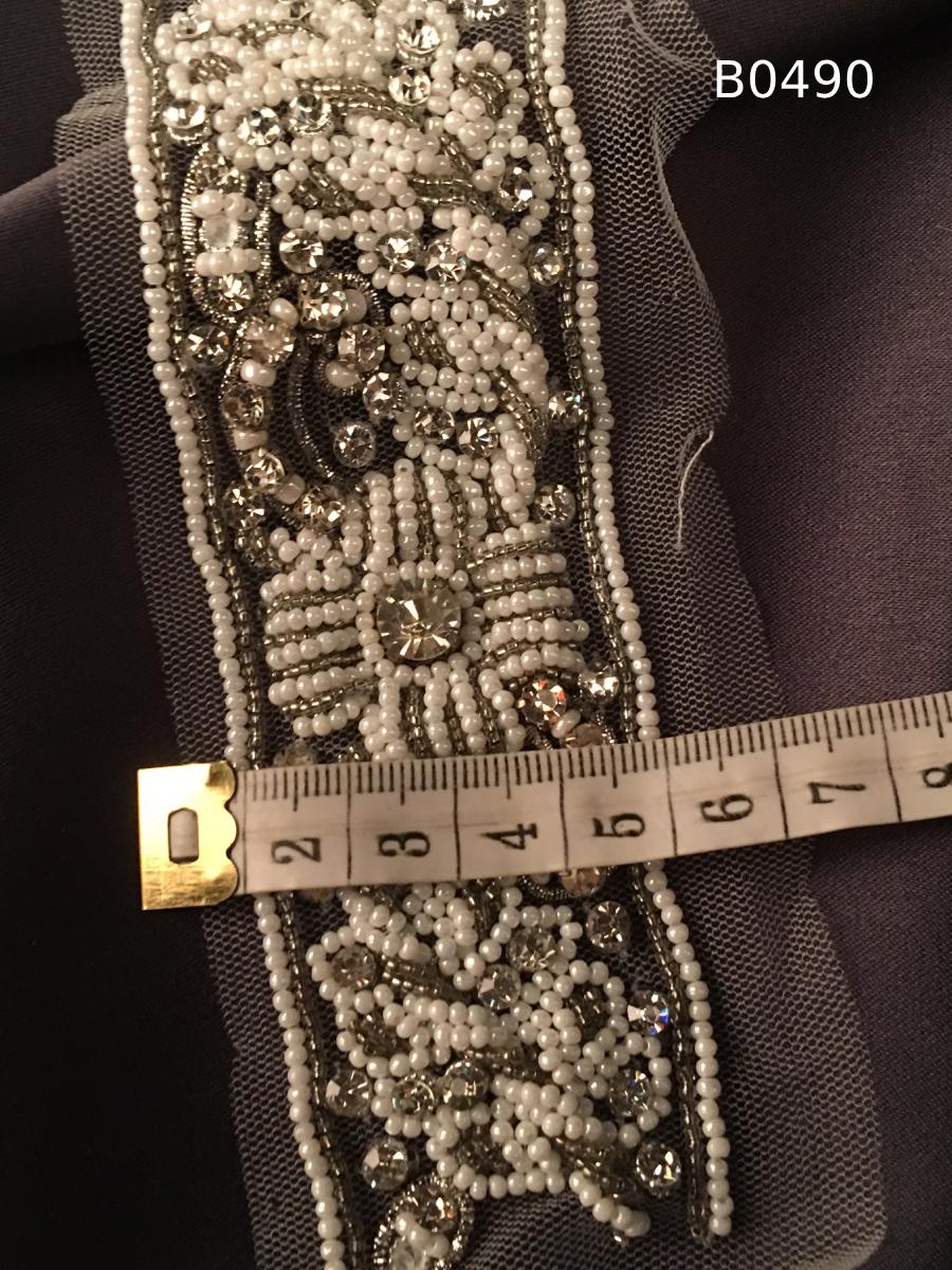 #B0490 Stunning Asymmetric Beaded Trim with Rhinestones, Beads, and Pearls – Elegant Decorative Accent for Fashion and Bridal