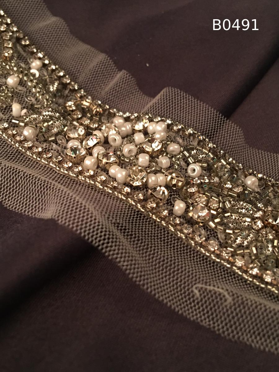 #B0491 Exquisite Gold Beaded Floral Trim with Pearls, Beads, Rhinestones, and Sequins – Opulent Decorative Accent for Fashion and Bridal