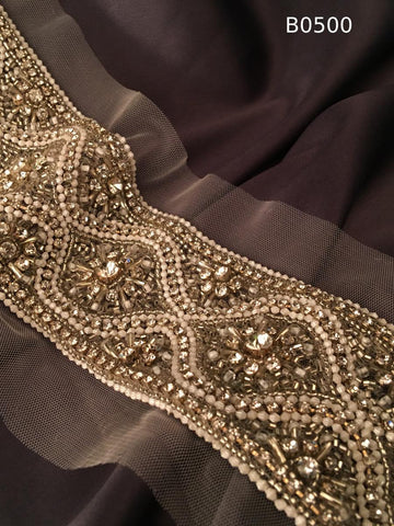 #B0500 Opulent Asymmetric Design Trim Beaded with Beads, Crystals, and Rhinestones – A Dazzling Embellishment for Couture and High-Fashion Creations