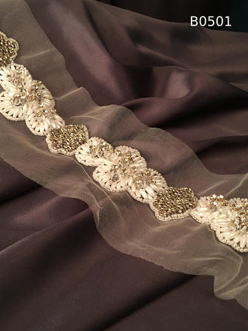 #B0501 Elegant Asymmetric Design Trim Beaded with Pearls, Beads, and Rhinestones – A Luxurious Embellishment for Timeless Couture Creations