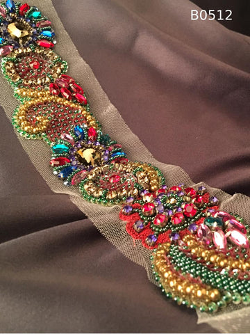 #B0512 Vibrant Floral Design Trim Beaded with Rhinestones, Beads, Sequins, and Intricate Thread Work – A Luxurious Embellishment for Couture Creations