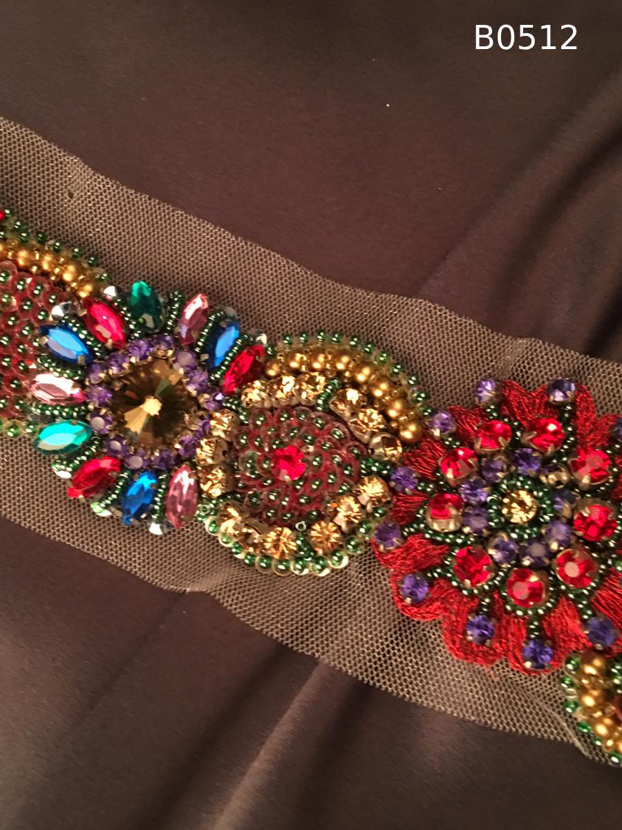 #B0512 Vibrant Floral Design Trim Beaded with Rhinestones, Beads, Sequins, and Intricate Thread Work – A Luxurious Embellishment for Couture Creations