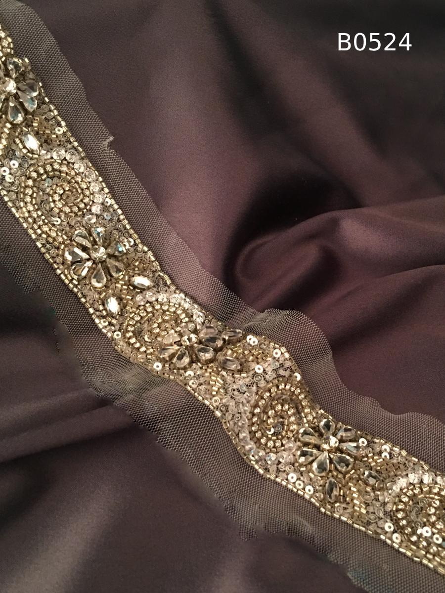 #B0524 Exquisite Hand-Beaded Trim with Floral Design – Lavishly Embellished with Sequins, Rhinestones, Beads, and Crystals for Couture, Bridal, and Luxury Fashion Embellishment