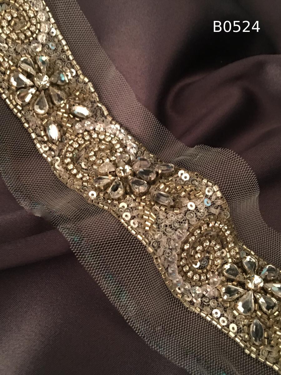 #B0524 Exquisite Hand-Beaded Trim with Floral Design – Lavishly Embellished with Sequins, Rhinestones, Beads, and Crystals for Couture, Bridal, and Luxury Fashion Embellishment