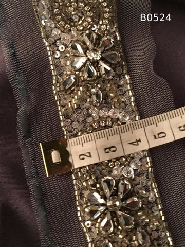 #B0524 Exquisite Hand-Beaded Trim with Floral Design – Lavishly Embellished with Sequins, Rhinestones, Beads, and Crystals for Couture, Bridal, and Luxury Fashion Embellishment