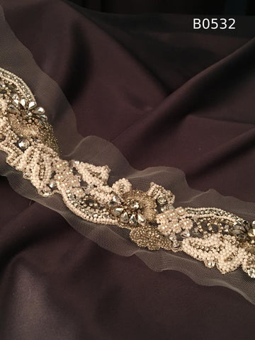 #B0532 Elegant Hand-Beaded Floral Trim with Rhinestones and Pearls - Luxurious Beaded Detailing for Couture Fashion