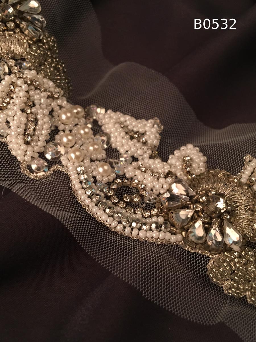 #B0532 Elegant Hand-Beaded Floral Trim with Rhinestones and Pearls - Luxurious Beaded Detailing for Couture Fashion