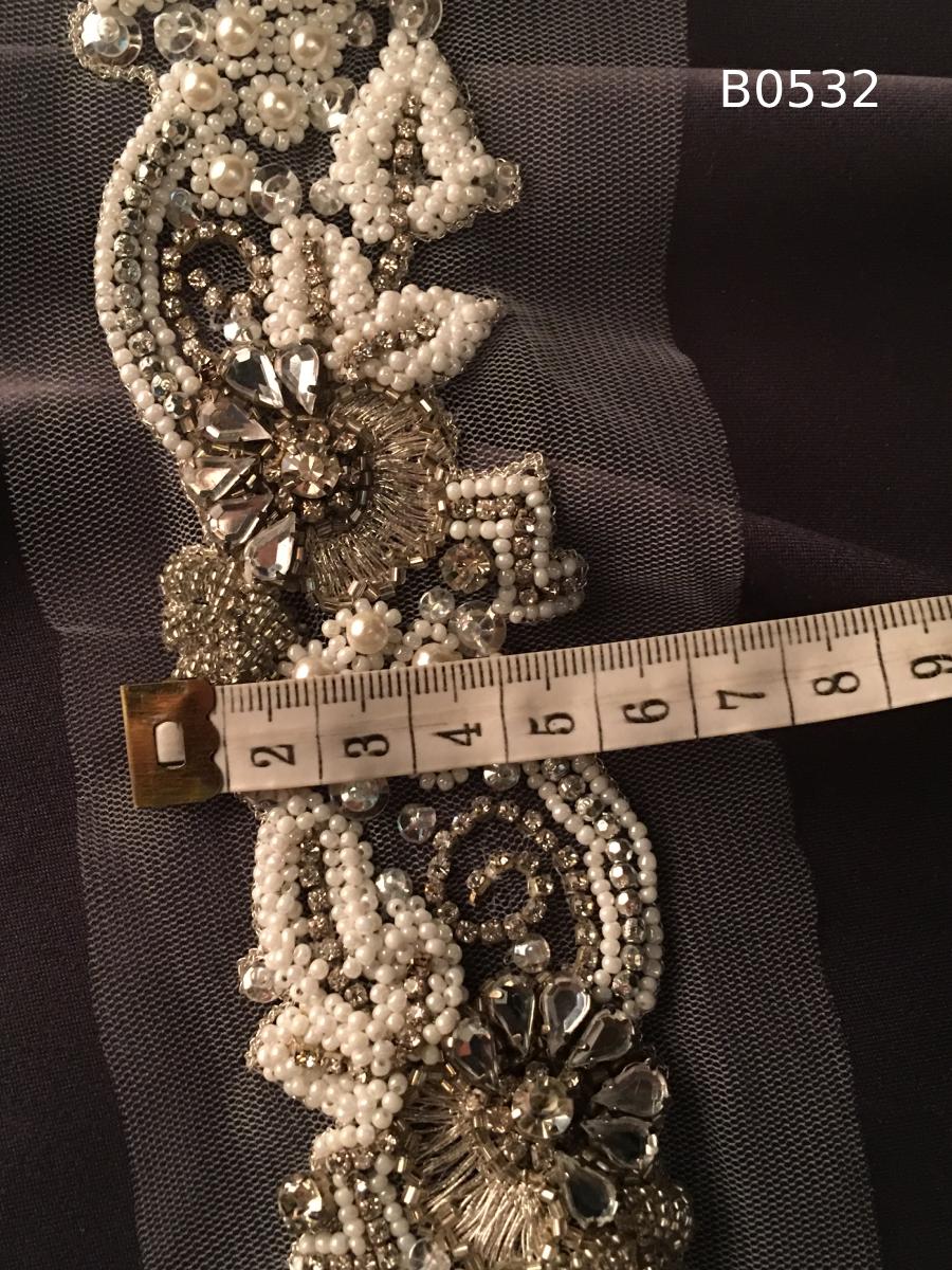 #B0532 Elegant Hand-Beaded Floral Trim with Rhinestones and Pearls - Luxurious Beaded Detailing for Couture Fashion