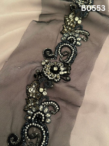#B0553 Luxurious Hand-Beaded Floral Black Trim with Rhinestones and Sparkling Beads