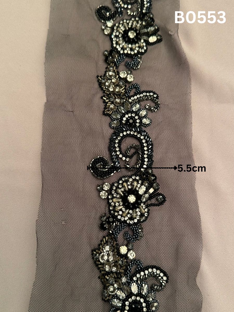 #B0553 Luxurious Hand-Beaded Floral Black Trim with Rhinestones and Sparkling Beads