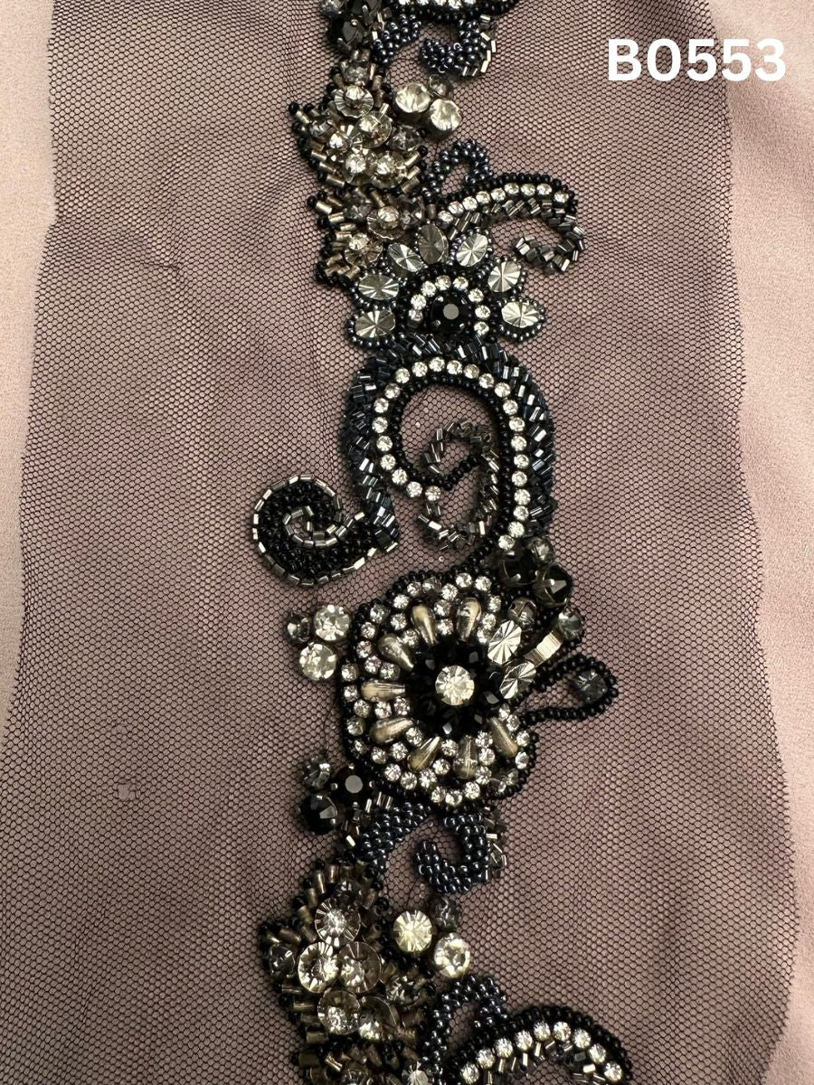 #B0553 Luxurious Hand-Beaded Floral Black Trim with Rhinestones and Sparkling Beads