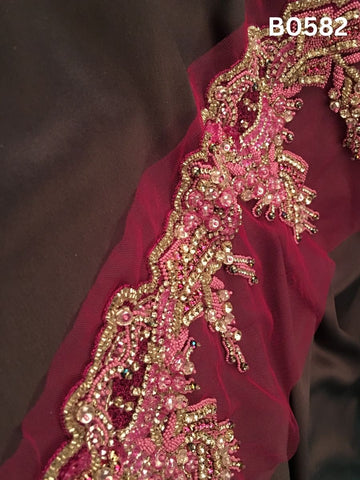 #B0582  Chic Pink & Silver Abstract Hand-Beaded Trim with Intricate Beadwork