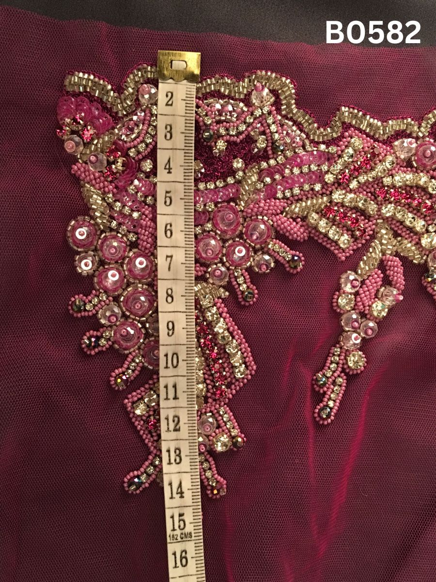 #B0582  Chic Pink & Silver Abstract Hand-Beaded Trim with Intricate Beadwork