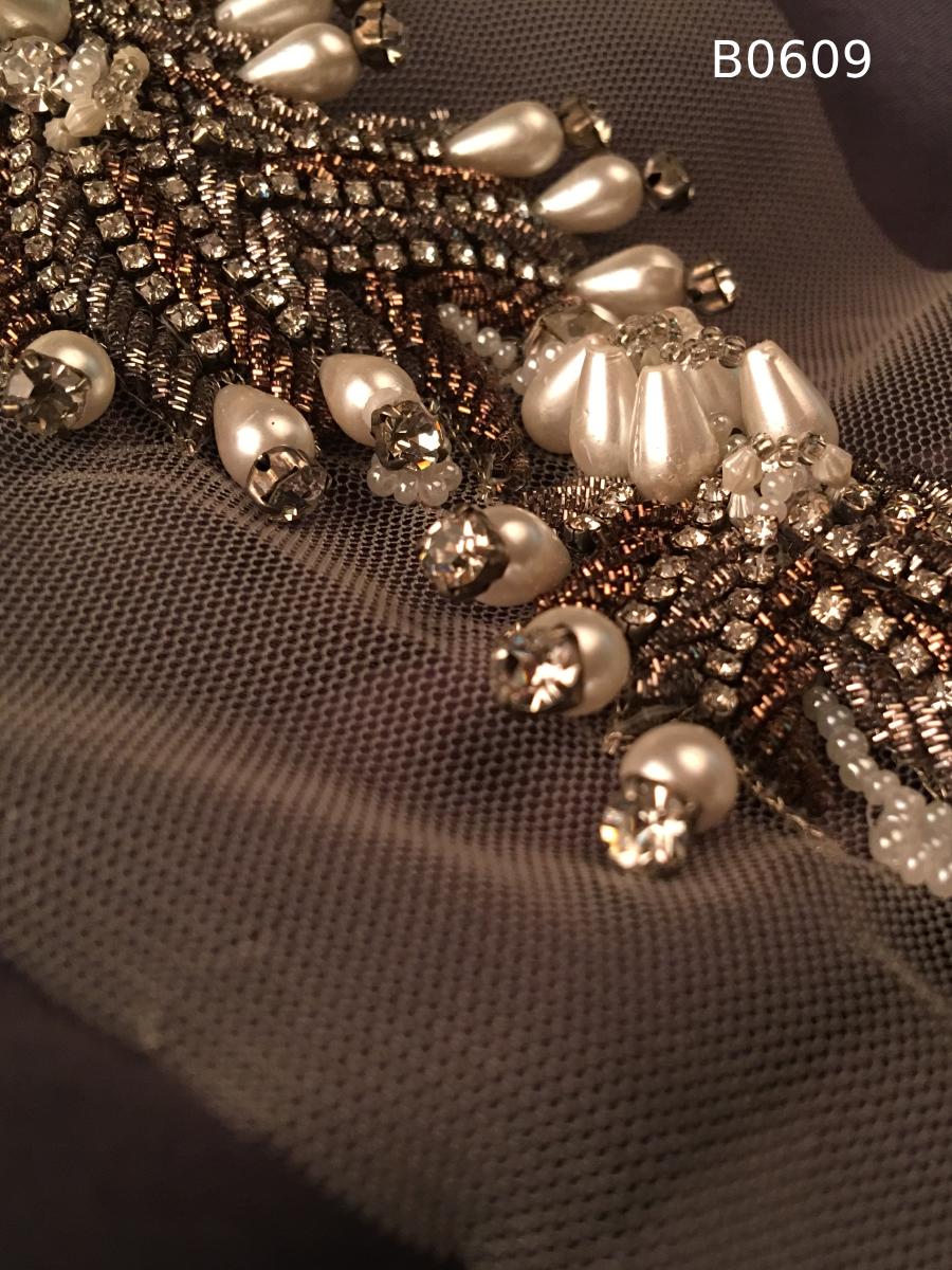 #B0609 Luxurious Abstract Design Trim Beaded with Rhinestones, Beads, and Pearls for Elegant, Dazzling Embellishments