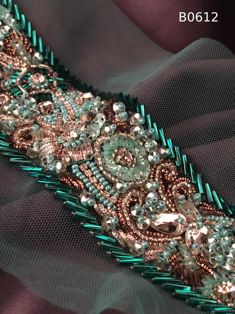 #B0612 Elegant Abstract Design Trim Beaded with Sequins, Beads, and Rhinestones for a Sparkling, Contemporary Touch