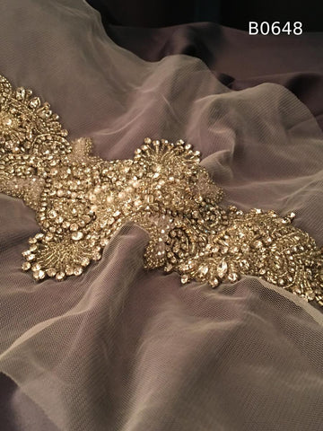 #B0648 Luxurious Floral Design Trim in Gold, Beaded with Rhinestones, Sequins, Beads, and Pearls for Elegant Embellishments
