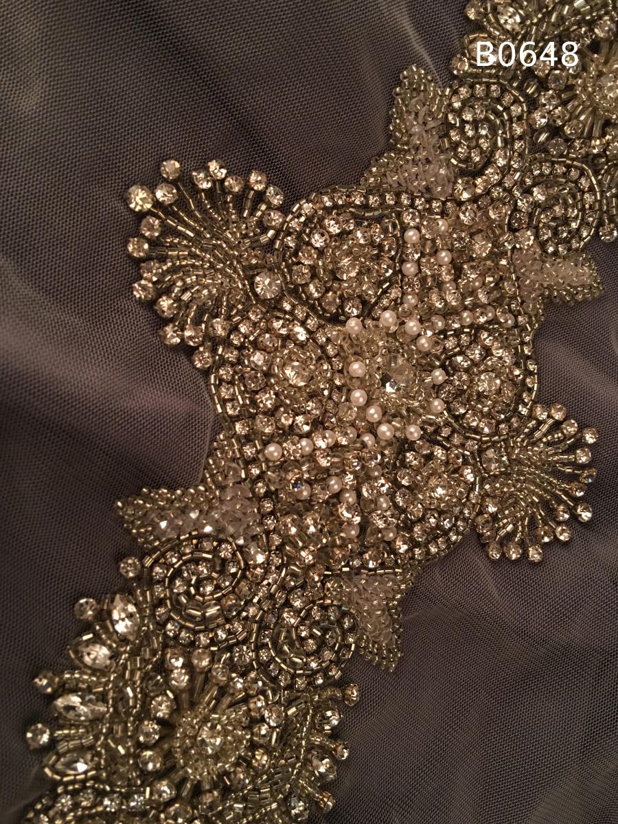 #B0648 Luxurious Floral Design Trim in Gold, Beaded with Rhinestones, Sequins, Beads, and Pearls for Elegant Embellishments