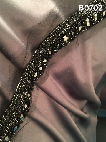 #B0702 Striking Black Abstract Hand-Beaded Trim with Intricate Beads & Sparkling Rhinestones