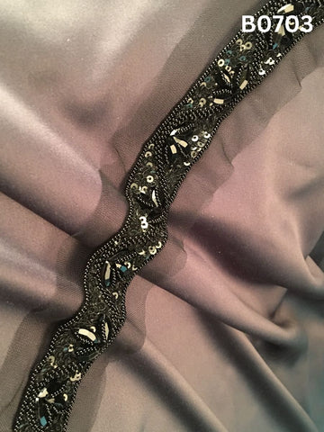#B0703 Bold Black Abstract Hand-Beaded Trim with Intricate Beads, Sparkling Rhinestones & Glossy Sequins
