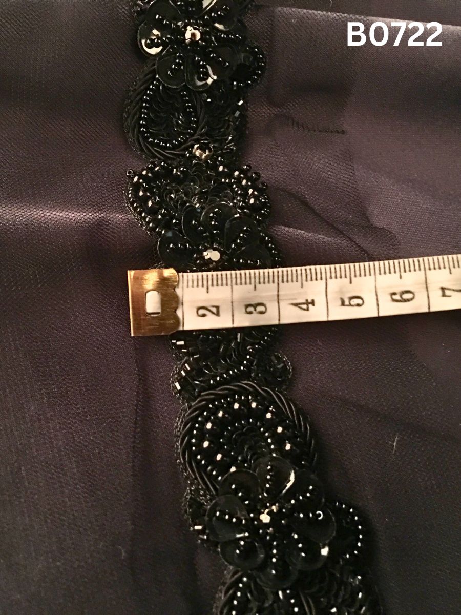 #B0722 Bold Black Abstract Hand-Beaded Trim with Intricate Tone-on-Tone Beads